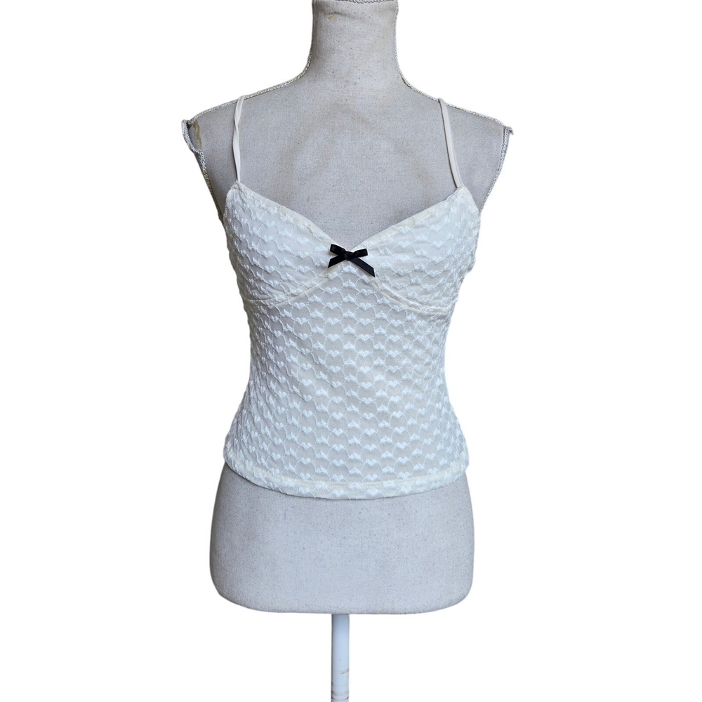 Motel S Grafika‎ Cami Top Heart Lace Ivory Spaghetti Strap Tank Top White Sheer